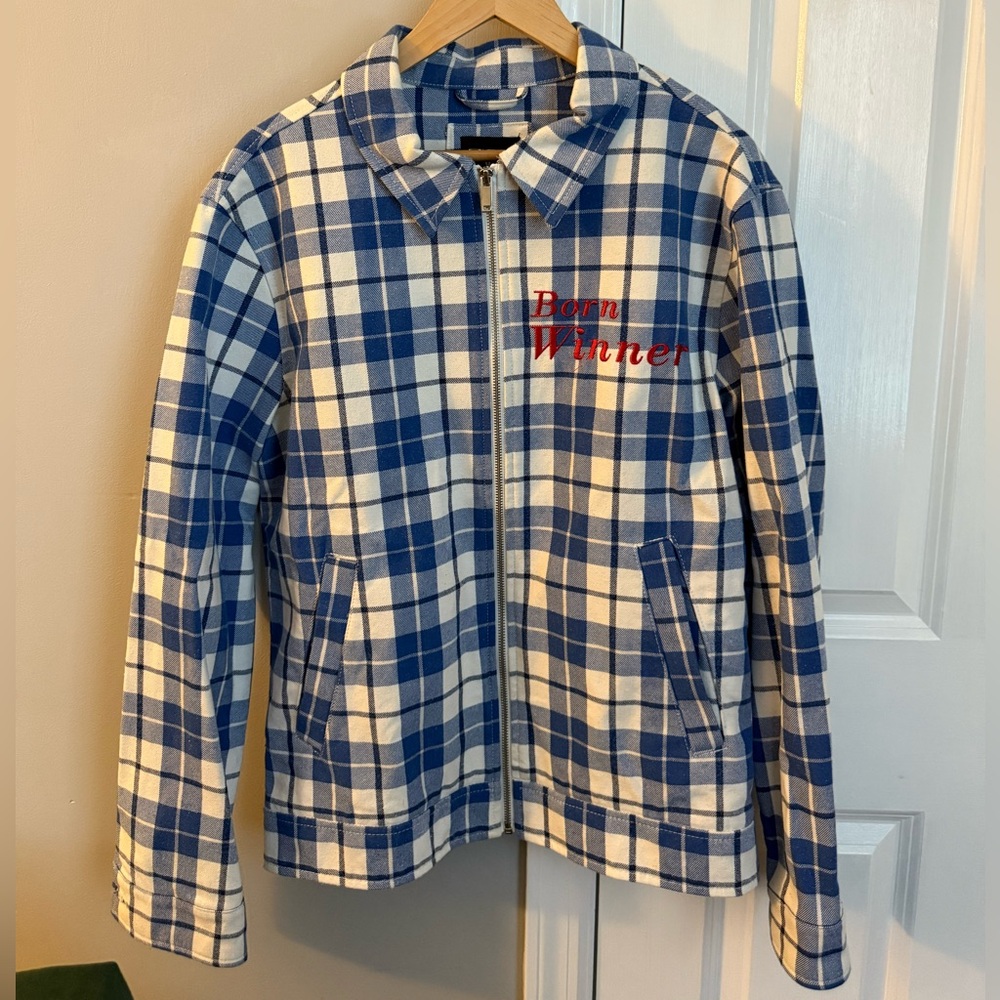 Blue and White Plaid Jacket with 'Born Winner' Embroidery